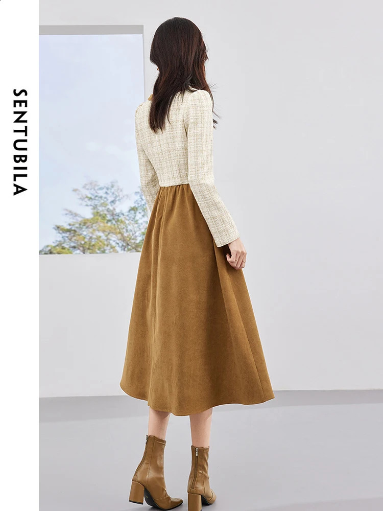 SENTUBILA Contrast Square Collar Straight Midi Dresses Spring Woman Elegant Long Sleeve Tweed Dress Clothes 134L52473 240824