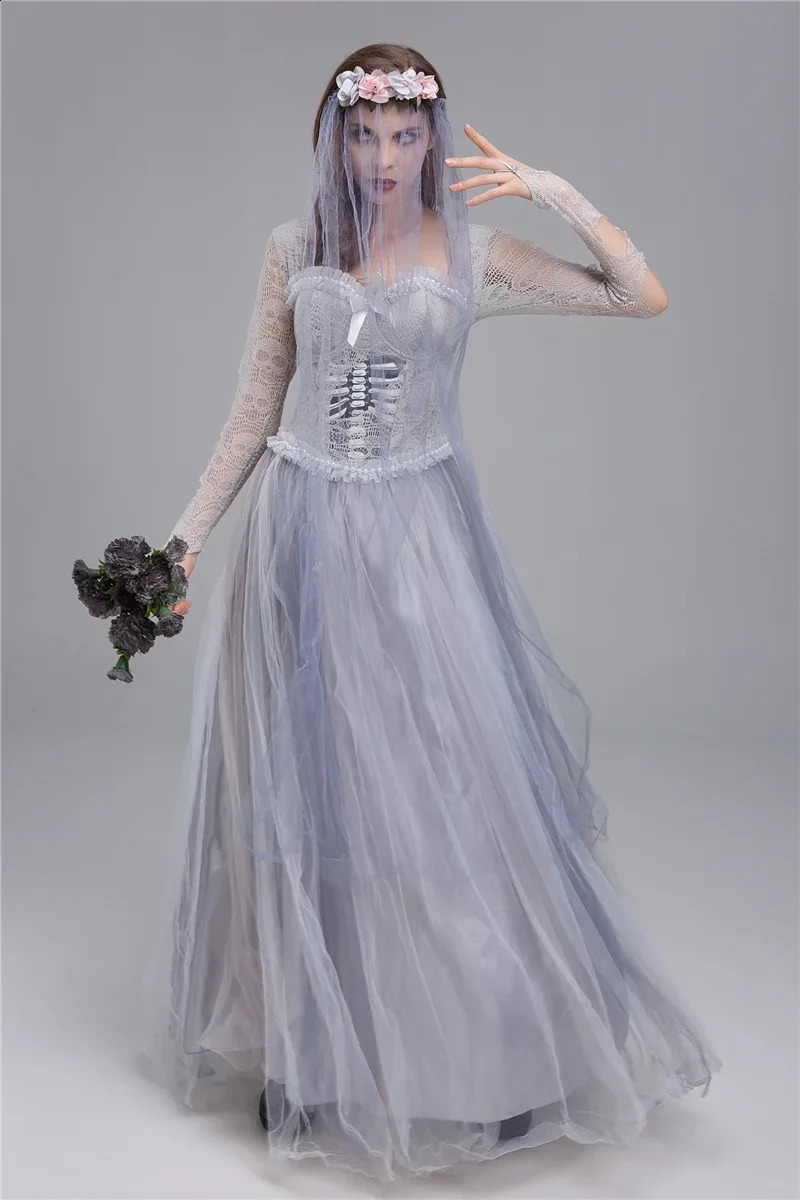 Adult horror zombie ghost bride costume cosplay Halloween fancy party dress with veil suitable for women 240823