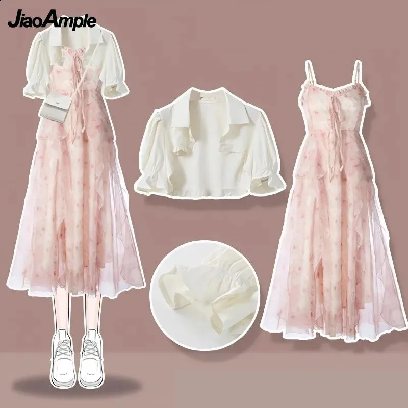 Womens Summer Fashion Short Sleeved ShirtSling Skirt Two Piece Suit Korean Elegant Short Top Dress Matching Set 240823