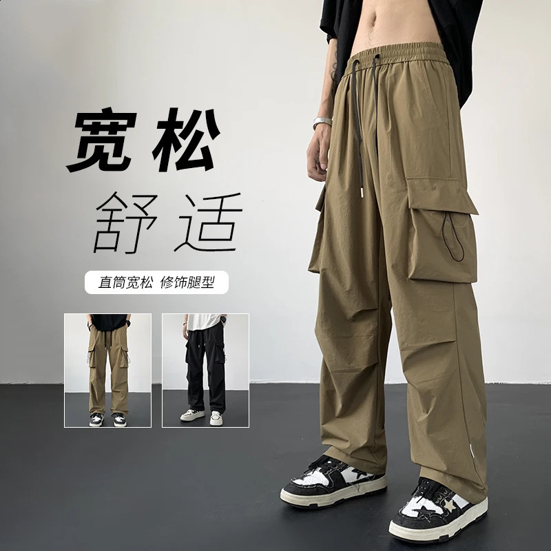Casual streetwear mens harem jogging pants spring summer autumn solid loose cargo multi pocket wide leg 240823