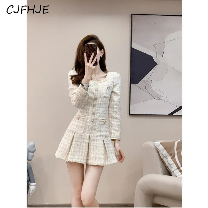 CJFHJE Women Korean Fragrant Style Slim Fit Fashion Casual Long Sleeve Thick Tweed Dress Retro Elegant Womens Dresses 240824