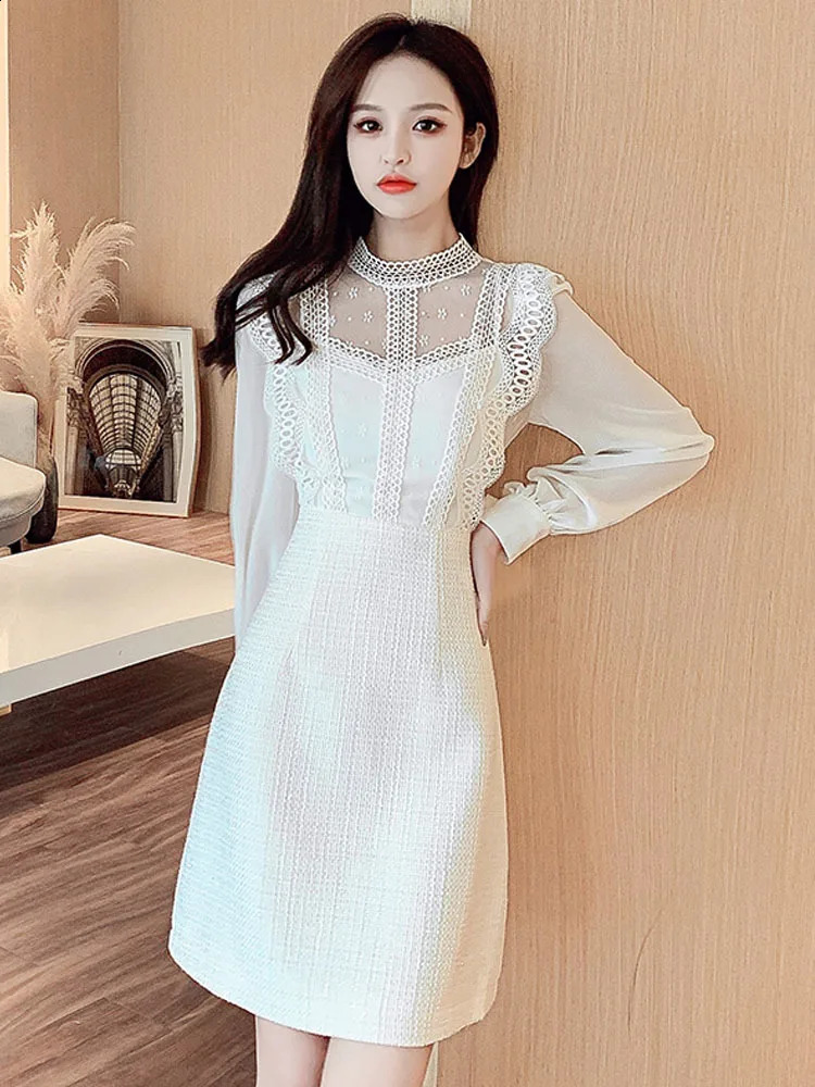 Fashion Women Tweed Dress Autumn Winter Lace Patchwork Lace Chiffon Long Sleeve O-Neck A Line Short Dresses Vestido 240824
