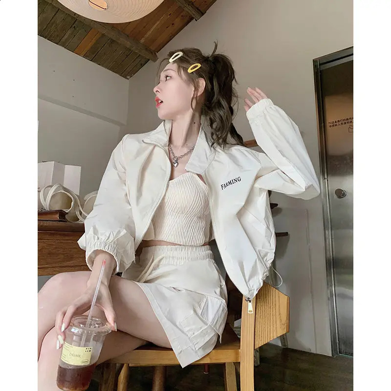 Drawstring Zipper Printed Loose Short Sunscreen Jacket Short Skirt Set Spring/Summer Fashion Two Piece Sets Women Outfits 240823