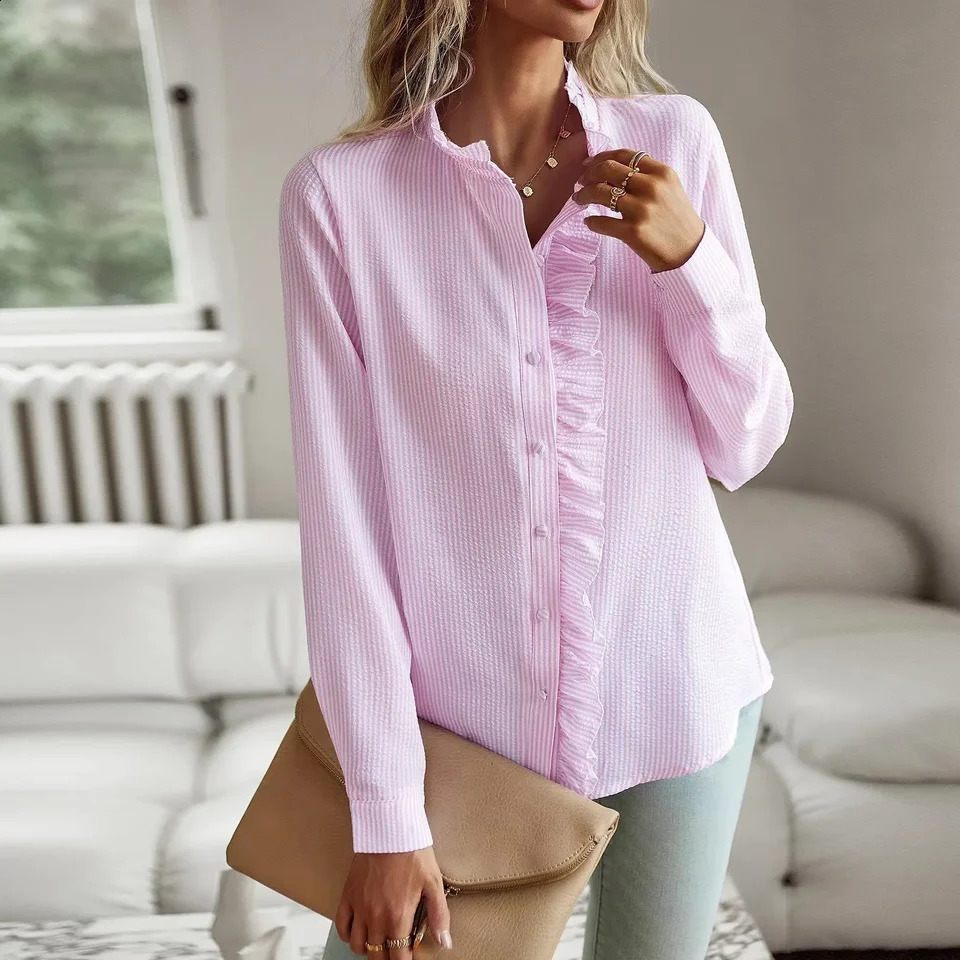 Spring Cross border European and American Womens Wear Long sleeved Ruffle Edge Button Shirt Top for Women 240823