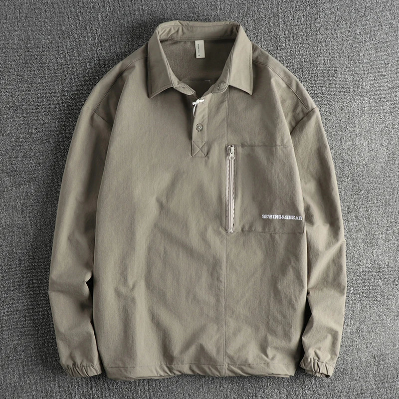 Zipper pocket n quick drying fabric mens polo shirt long sleeve American retro trend work shirt 240824