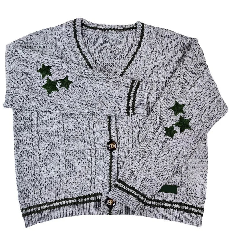 Deeptown Vintage Beige Swift Knit Cardigan Women Y2K College Oversize Star Embroidery Sweater Folklore Knitted Jumper Korean 240824