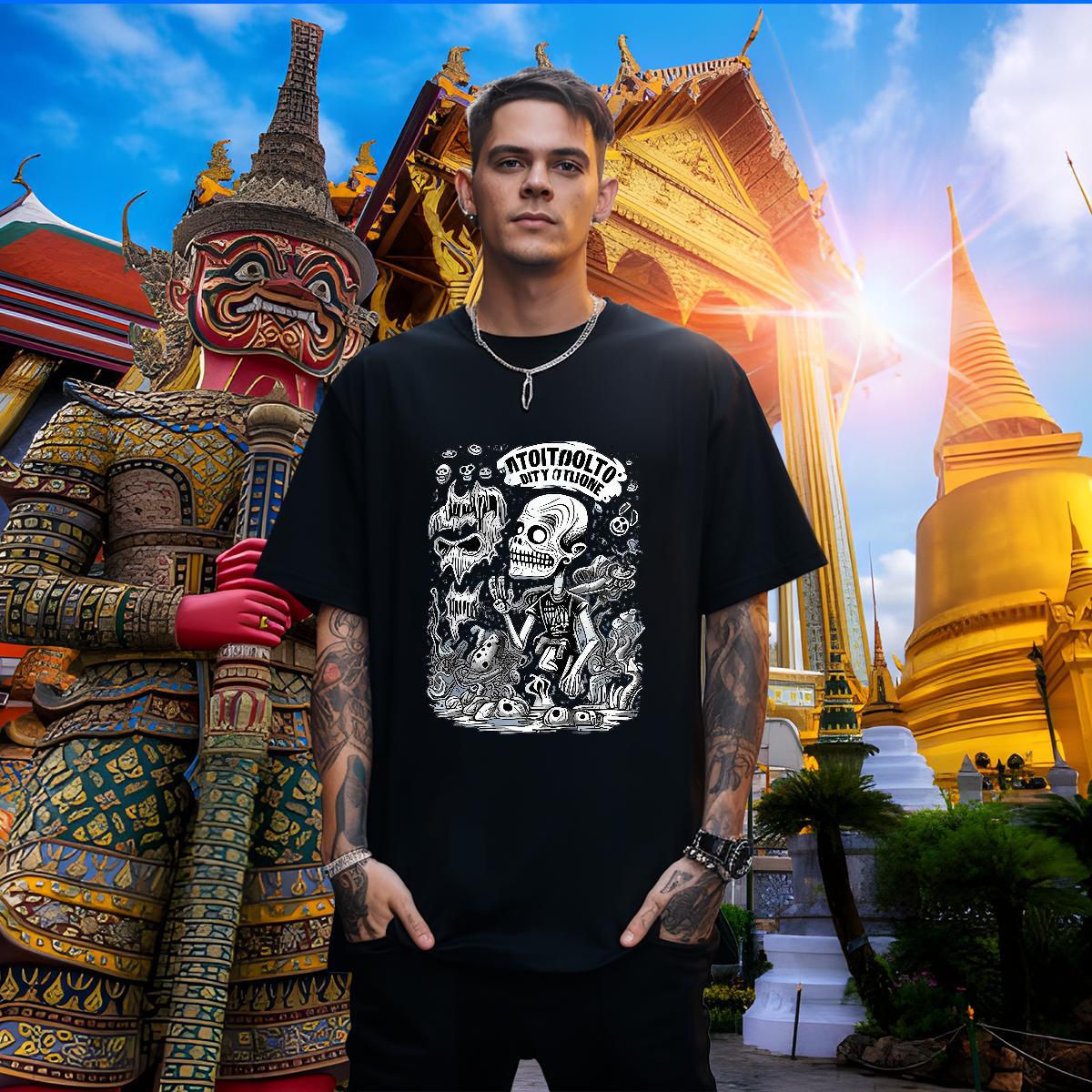 High Quality T-Shirts 230g Cotton skull Summer Casual Black Oversized Breathable Short Sleeve Men Tshirts Fashion Casual Wear