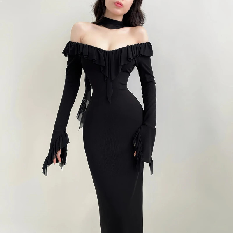 Xeemilo Black Mesh Ruffles Evening Dress Temperament Round Collar Slim Long Sleeve Maxi Dresses Women Elegant Party Club Robe 240823