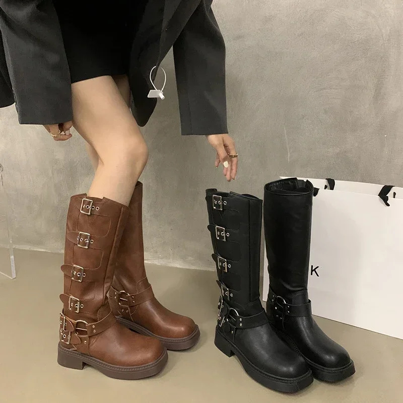 Square toe womens western cowboy boots fashionable buckle knight boots autumn womens low boots 240823