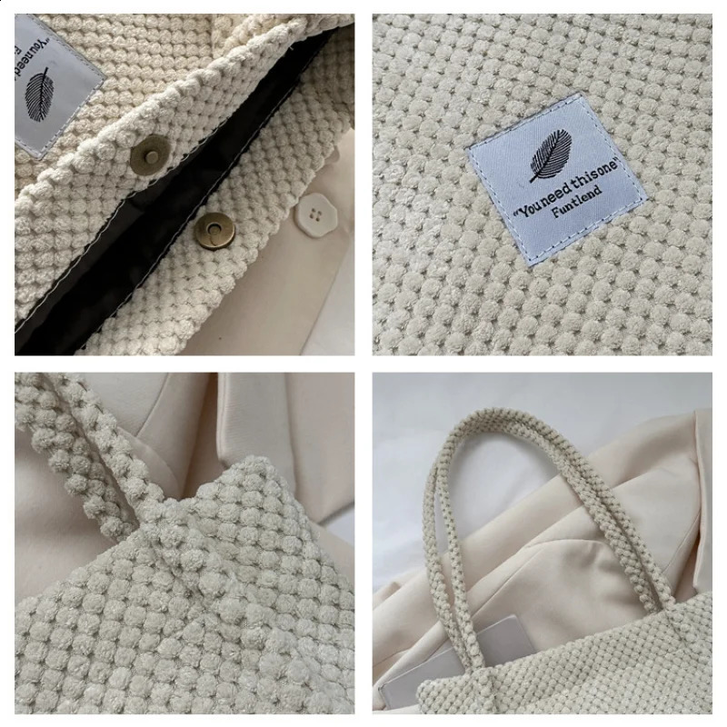 2023 Arts Shoulder Bags For Women Canvas Bucket Handbags Corduroy Fashion Casual Solid Color y240828