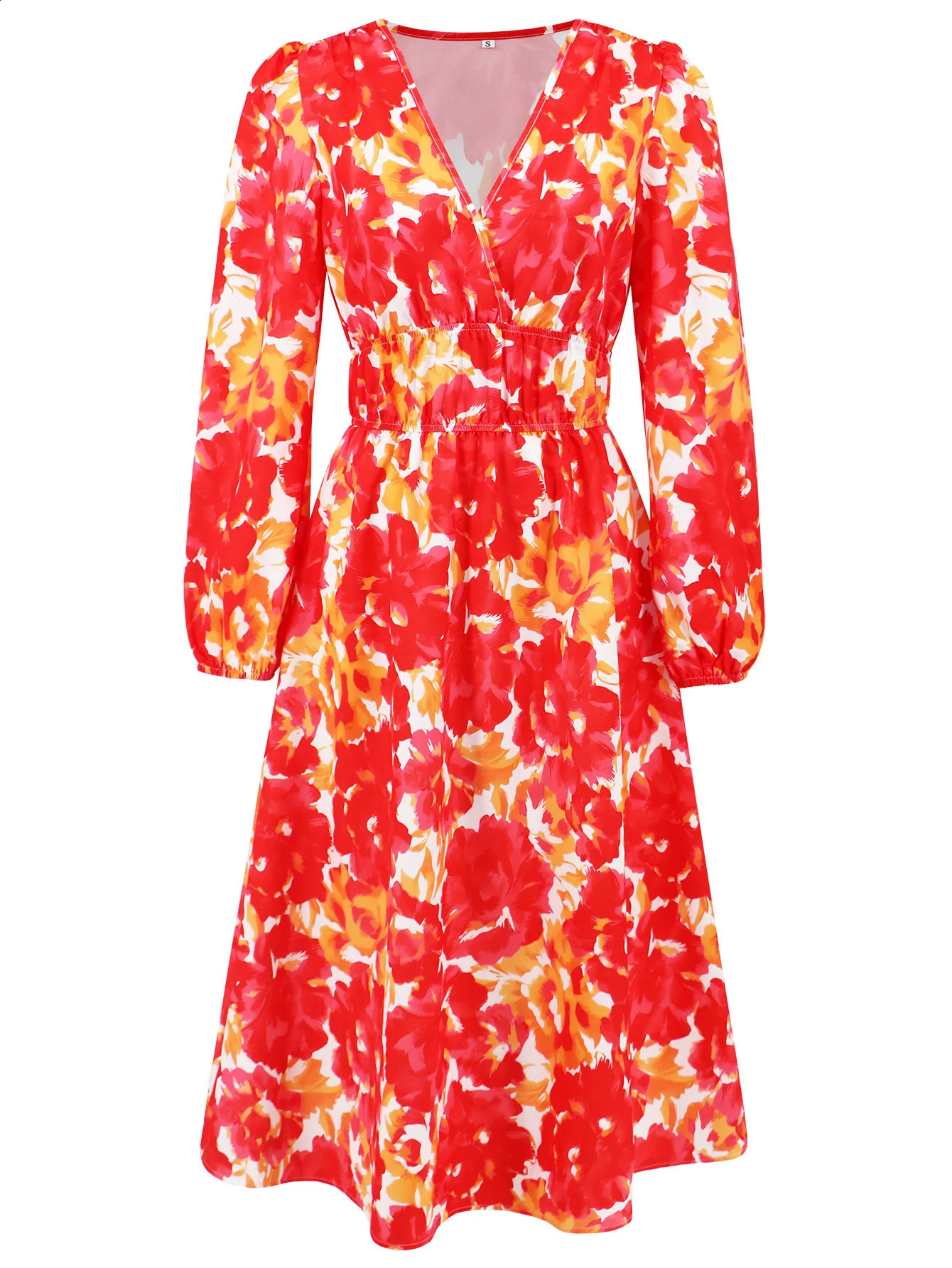 Han Yige European and American Womens Slim Fit Temperament Printed Waist Cinched Long Sleeved Dress 240824