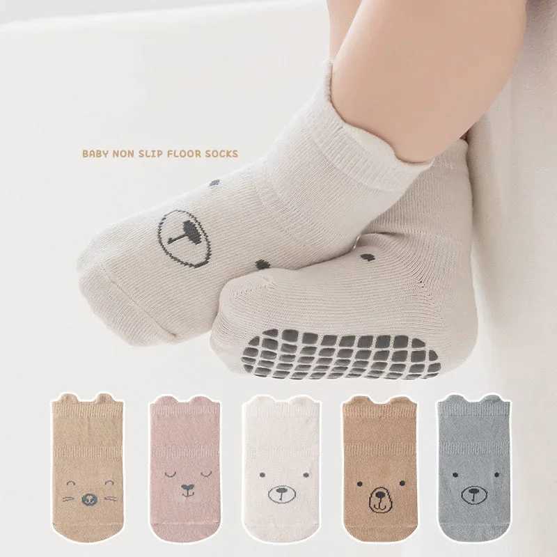 5 Pairs/lot Baby Non Slip Floor Sock 5colored Of Bear Print Infant Girl Cotton Socks Solid Autumn Anti Slip Childrens Knee Sock CL240824