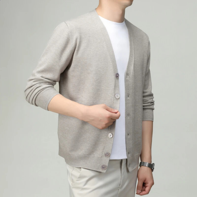 Spring and autumn Vneck solid color cardigan mens business casual sweater stretchable warm knitted High quality clothing 240824