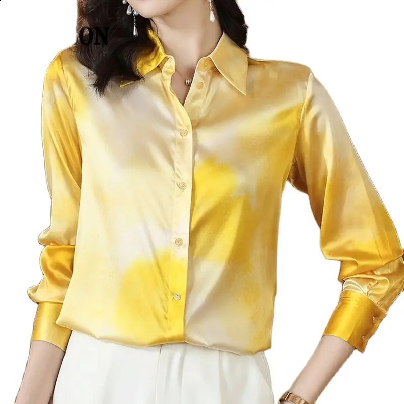 Gradient Yellow Satin Summer Shirt for Women Long Sleeve Spring Autumn Elegant Woman Blouses Office Ladies Tops blusas para 240823