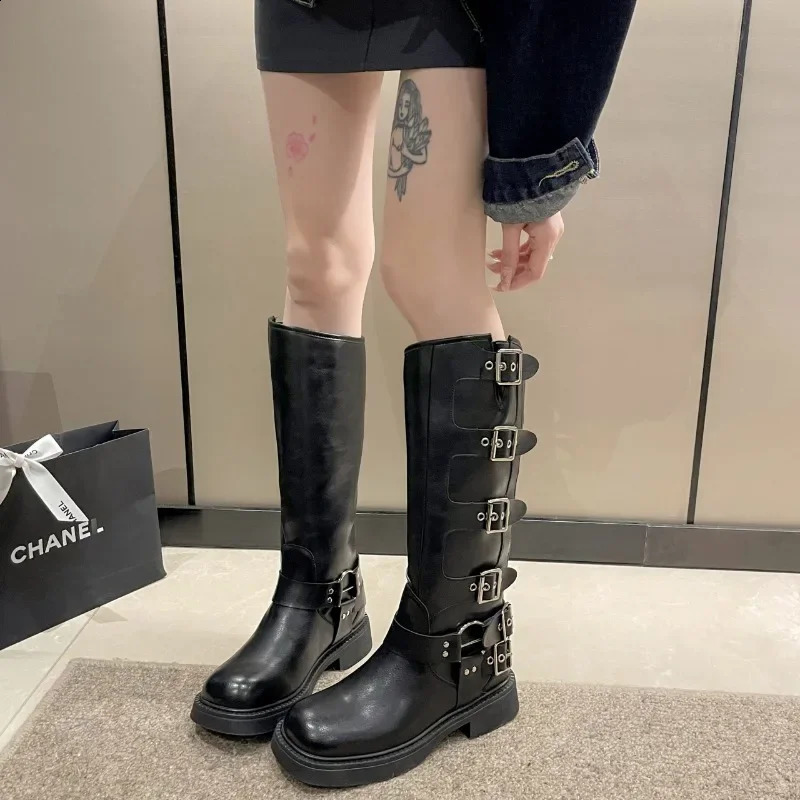 Womens denim boots retro square shoes high boots metal belt buckles riding boots fashion womens shoes 240823