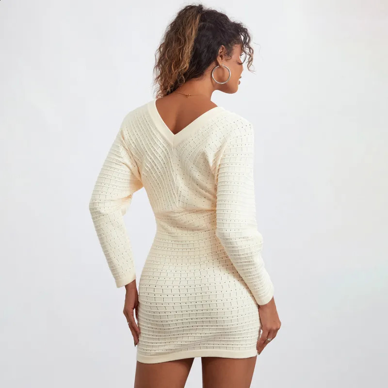 Women Slim Sweater Dress Elegant Long Sleeve V-neck Hollow Solid Bodycon Mini Dress 240823