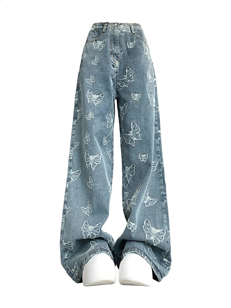 Womens Blue Jeans Harajuku Y2k 2000s 90s Fashion Street Clothing Pocket Denim Trouser Butterfly Retro Garbage 240823