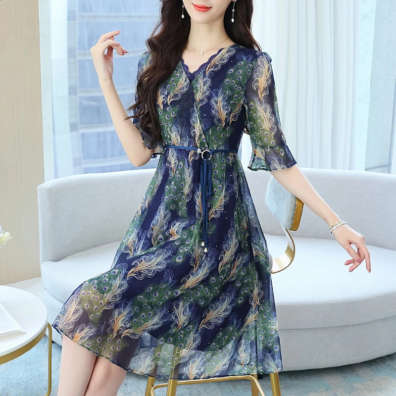 Women Clothing Summer Fashion Print Lace Patchwork with Belt Elegant Dresses V Neck Half Sleeve High Waist Slim Midi Dress 240824