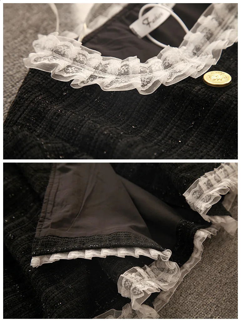 French Vintage Black Tweed Long Dress Womens O-neck Long Sleeve Ruffles Lace Trim Thick Woolen Autumn Winter Stylish Clothing 240824
