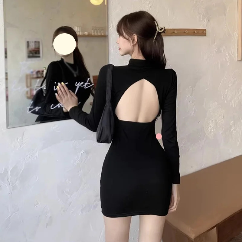 Spring Autumn Womens Bodycon Dress kpop Solid Colour Half High Collar Hollow out Backless Slim Sexy Long Sleeves Dress 240823