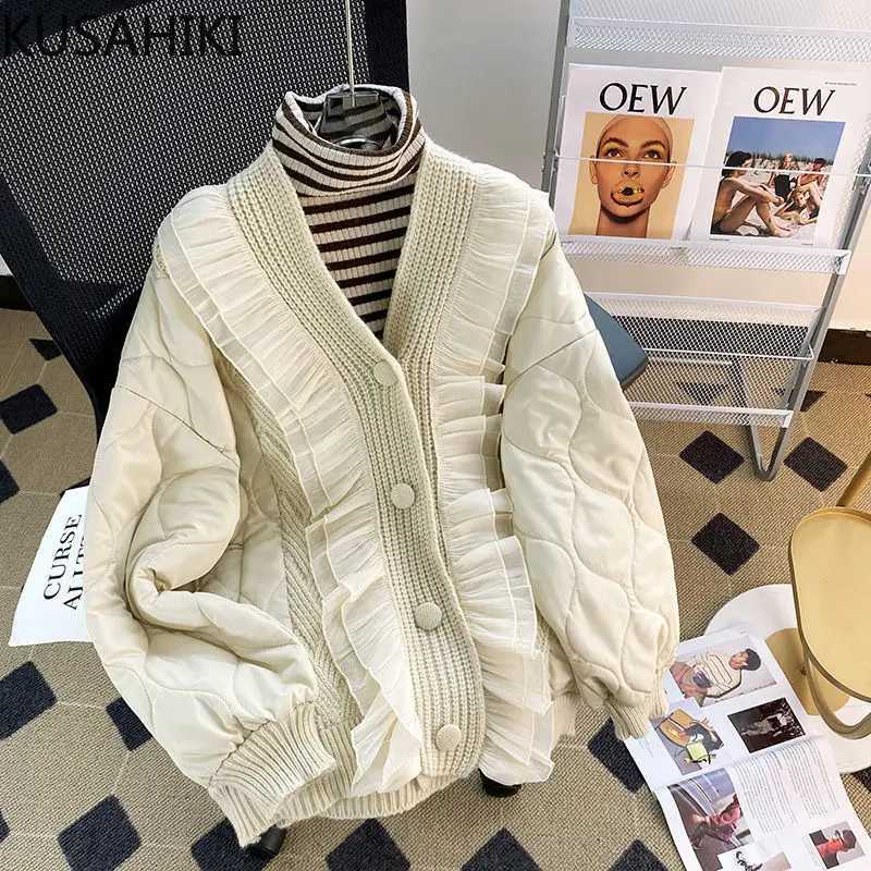 Women's Down Parkas KUSAHIKI Causal Parka Patchwork Sweater Women Autumn Winter Korean Knitted Cardigan Parka Coat 2023 New Cardigan Outwear Tops