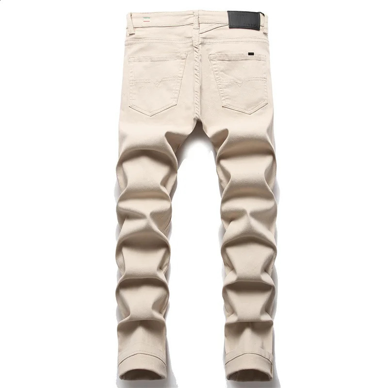 Mens Jeans Simple Atmosphere Pure Color Casual Trousers Midwaist Embroidery Fashion Denim Pants Slim Stretch Streetwear 240824
