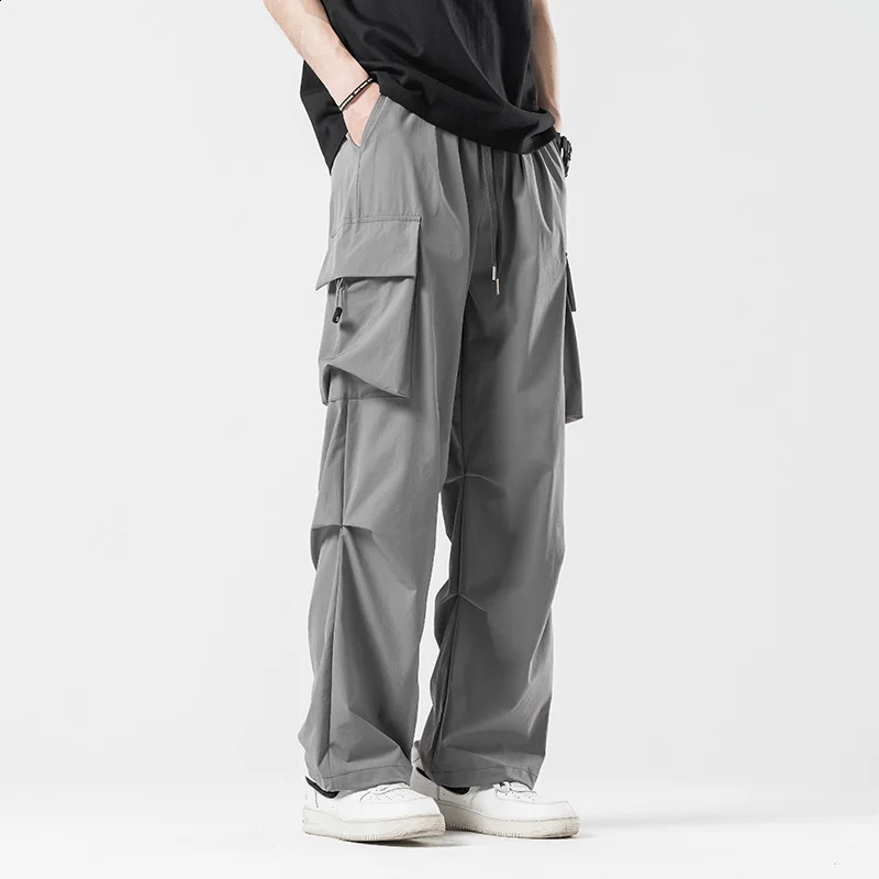SpringSummer Mens Solid Color Drawback Elastic Waist Sports Neutral Outdoor Straight Leg Casual Cargo Pants 240823
