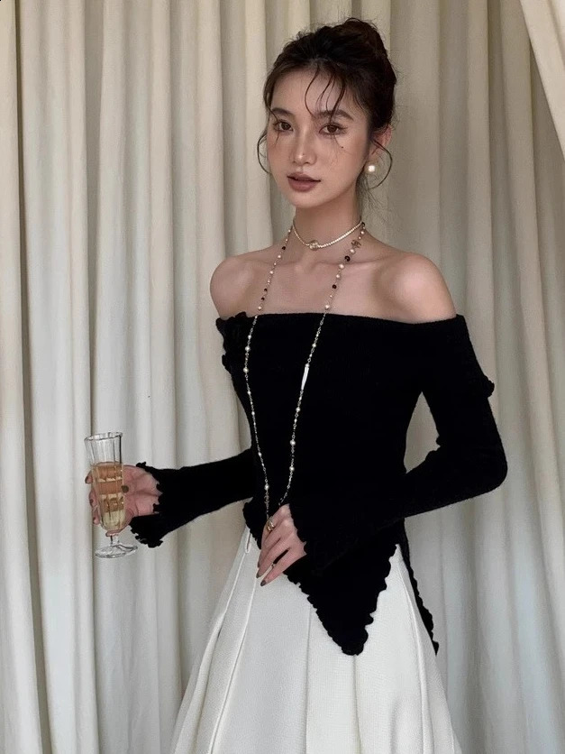 Deeptown Korean Fashion Off Shoulder Sweater Women Fairycore Aesthetic Knitted Jumper Mujer Chic Elegant Long Sleeve Top Spring 240824