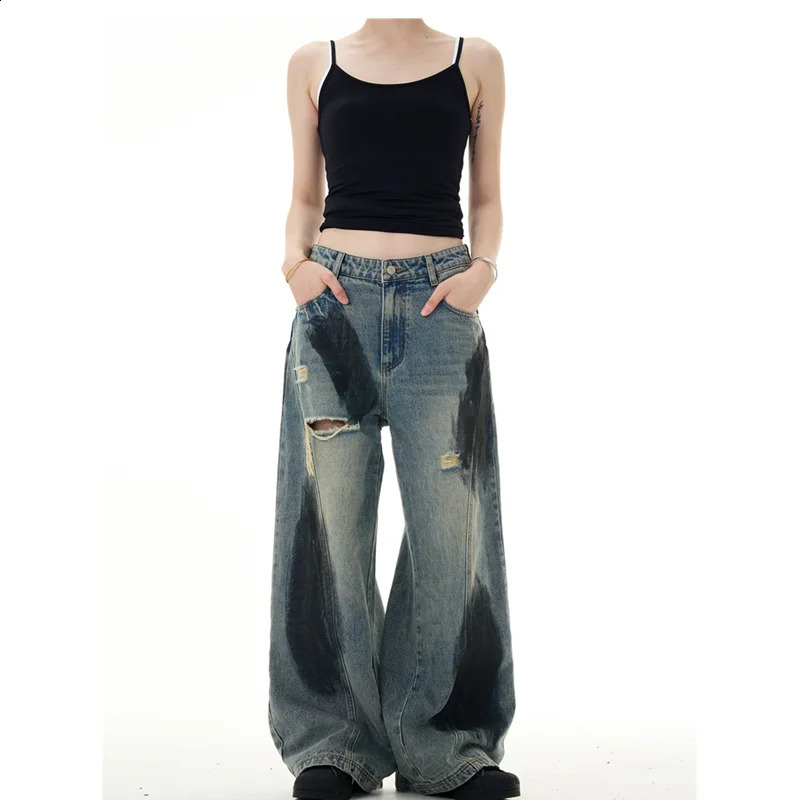 Vintage high waisted luggage jeans Y2k punk hiphop ripped Harajuku womens rock wide leg lazy pants streetwear 240823