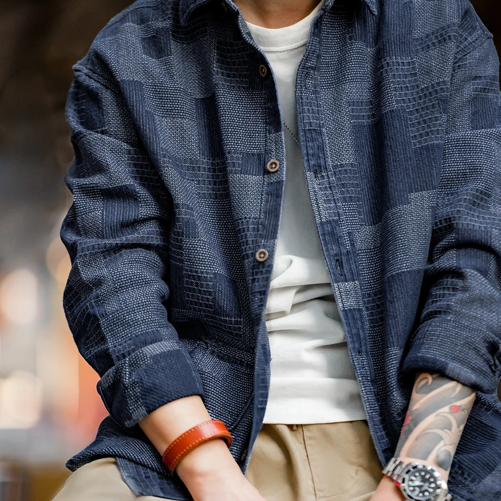 Maden Japanese Retro Boro Denim Mens Jacquard Splicing Long Sleeve Button Up Shirt Jacket Oversized Spring Coat 240824