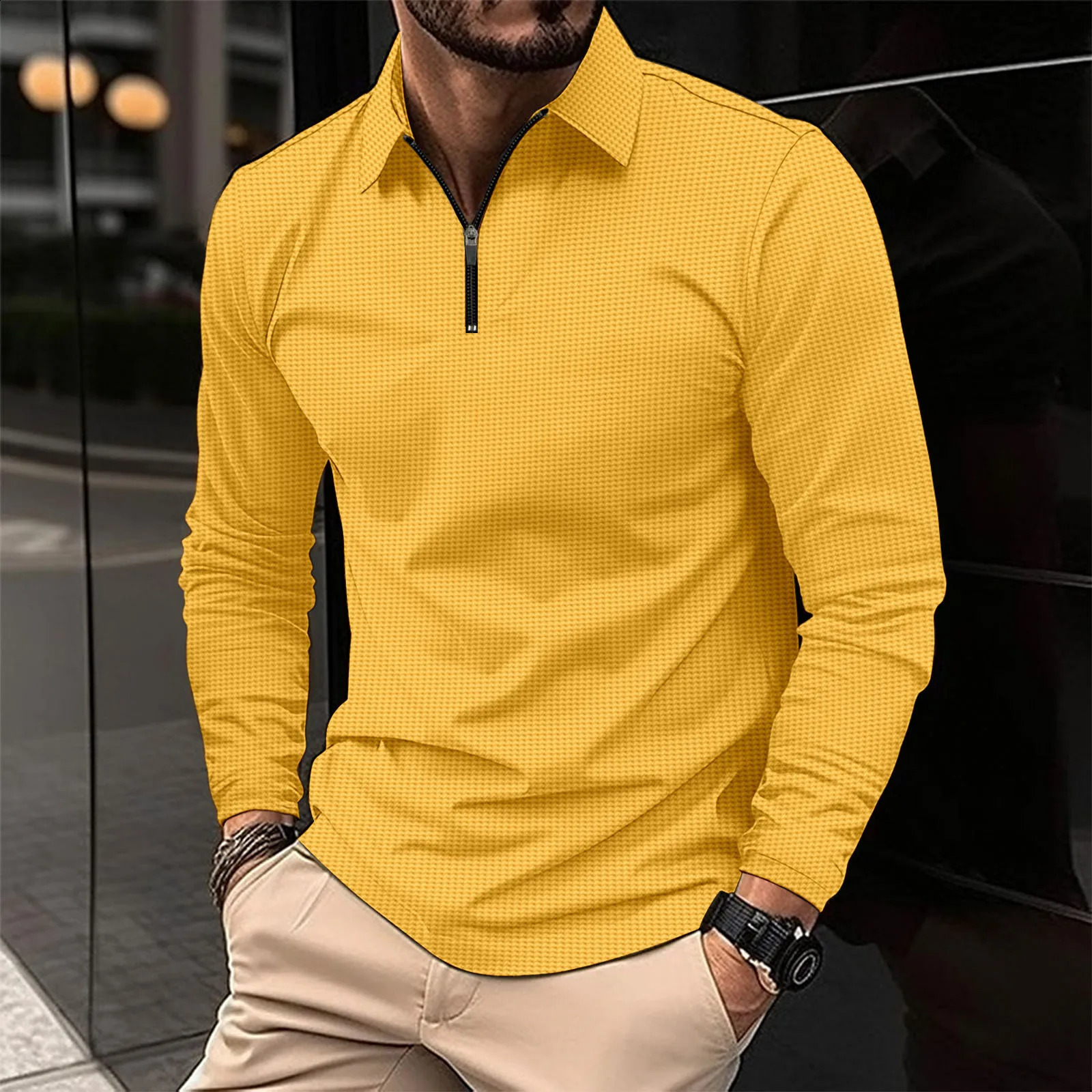 Mens long sleeved polo shirt waffle Tshirt business anti street casual mens breathable top 240823