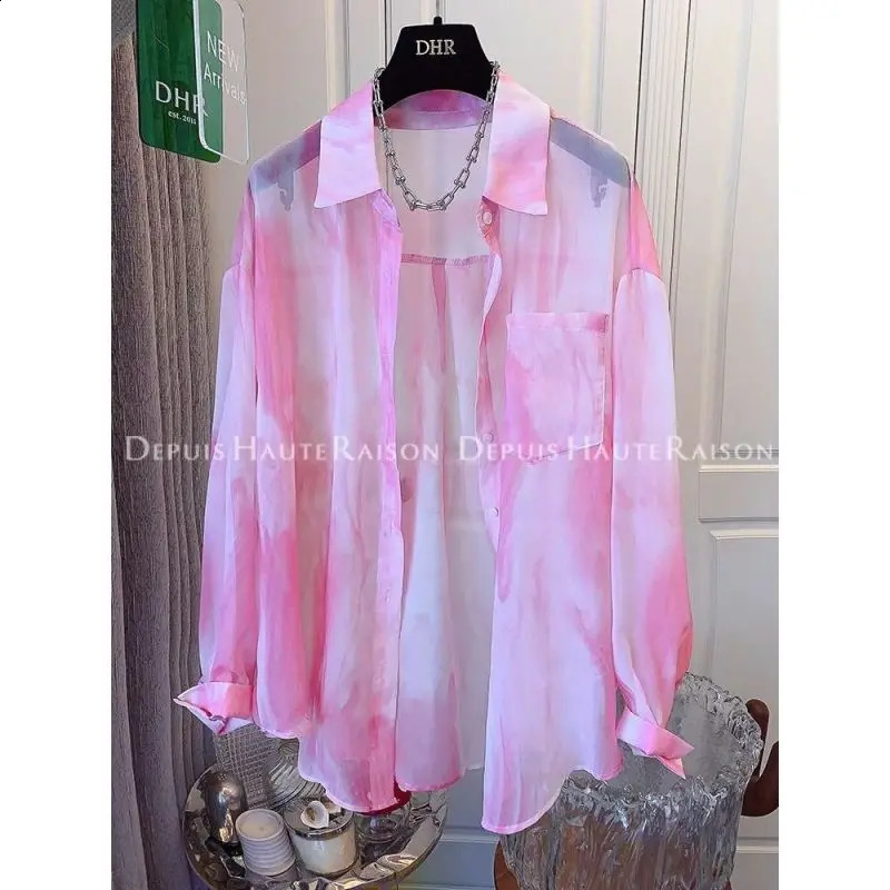 Women Summer Korean Loose Sweet Tie Dye Chiffon Polo-Neck Long Sleeve Sunscreen Shirts Women Clothes Casual All-match Trend Tops 240823