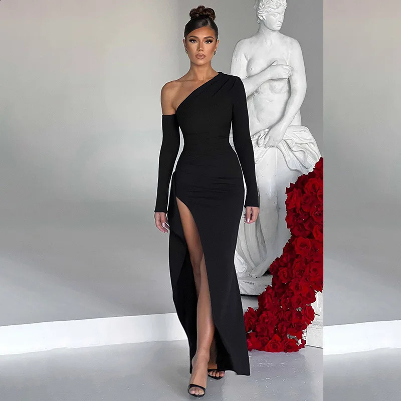 Slant Shoulder Long Sleeved Dress off Shoulder High Slit Sexy Evening Dress Elegant Fashionable Banquet Party Slim for Slimming 240823