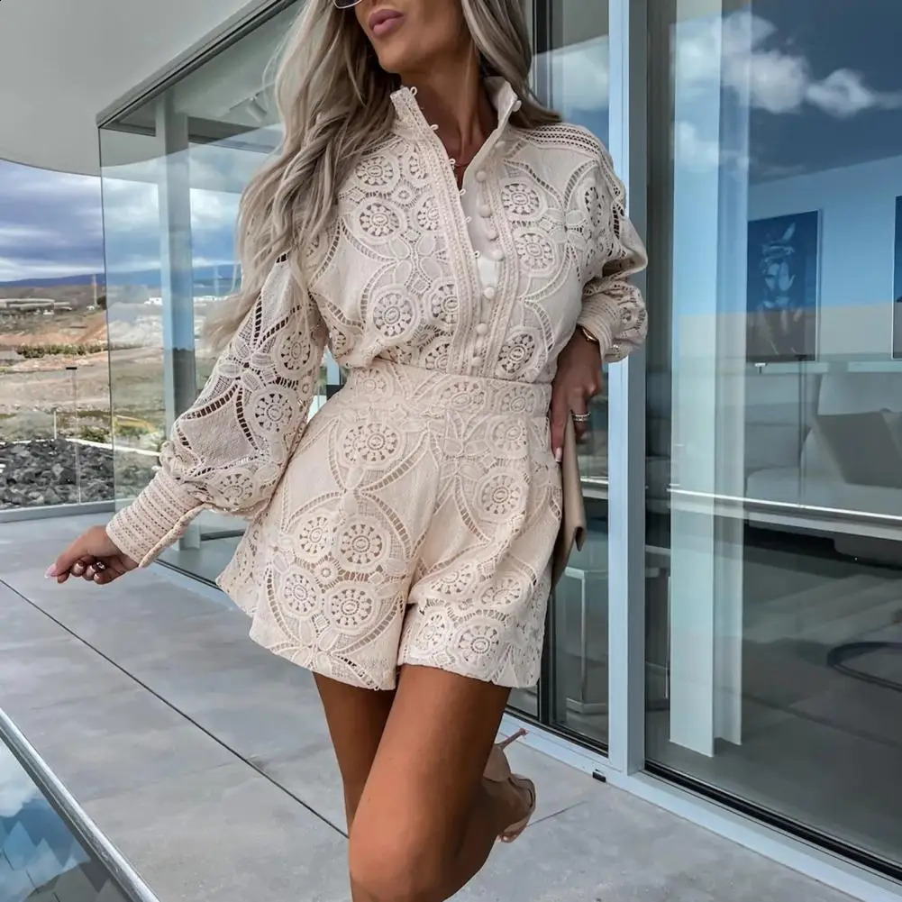 2-piece/set stand up collar long sleeved womens dress single chest high waist embroidery hollow lace shirt wide leg short sleeved set 240903