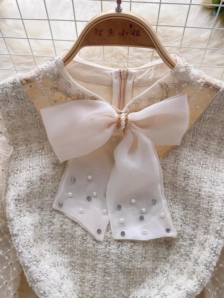 Spring Elegant Beige Lace Mesh Plaid Embroidery Ruffles Long Sleeve Stitching Tweed Bow Pearls Beading Woolen Mini Dresses 240824