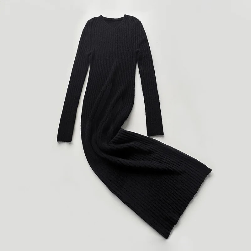 Autumn and Winter Tweed Yarn Wool V-neck Elastic Slim Long-sleeved Knitted Long Dress for Women 240824