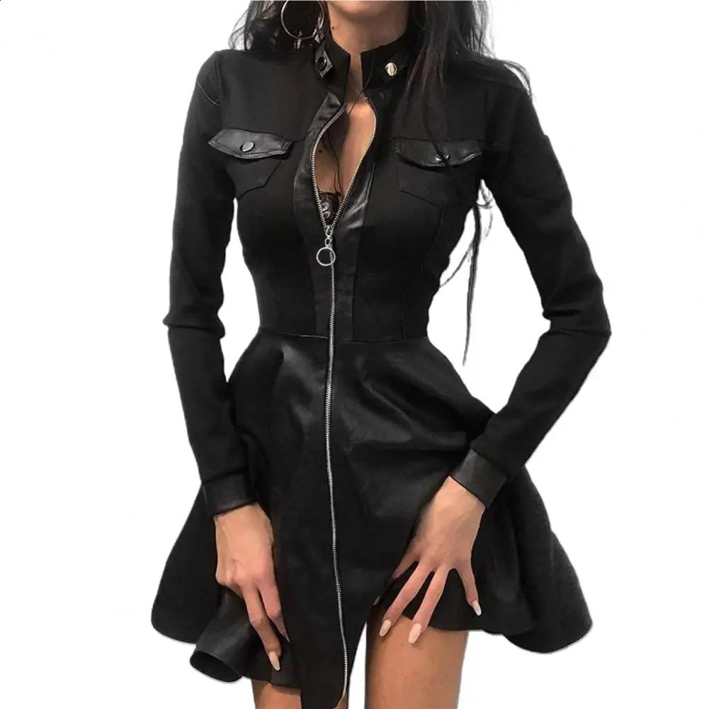 Fashion Dresses Women Lace Long Sleeve Zipper Pocket Large Hem Faux Leather Mini Dress Party elegant slim Sexy Women Dress 240823