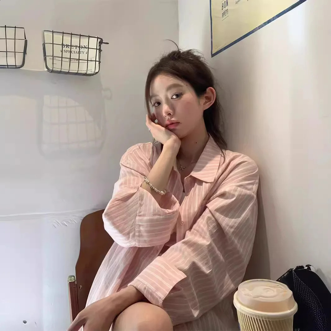 Sweet Pink Stripe Mid-Length Shirts Women Spring/Summer Korean Series Chic Loose Long sleeve Sun Protection Top 240823