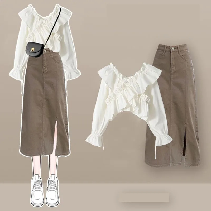 Autumn Vintage Dress Matching Set Womens Elegant V-Neck Long Sleeved Shirt denim Skirt Two-piece Female Clothing Suit 240823