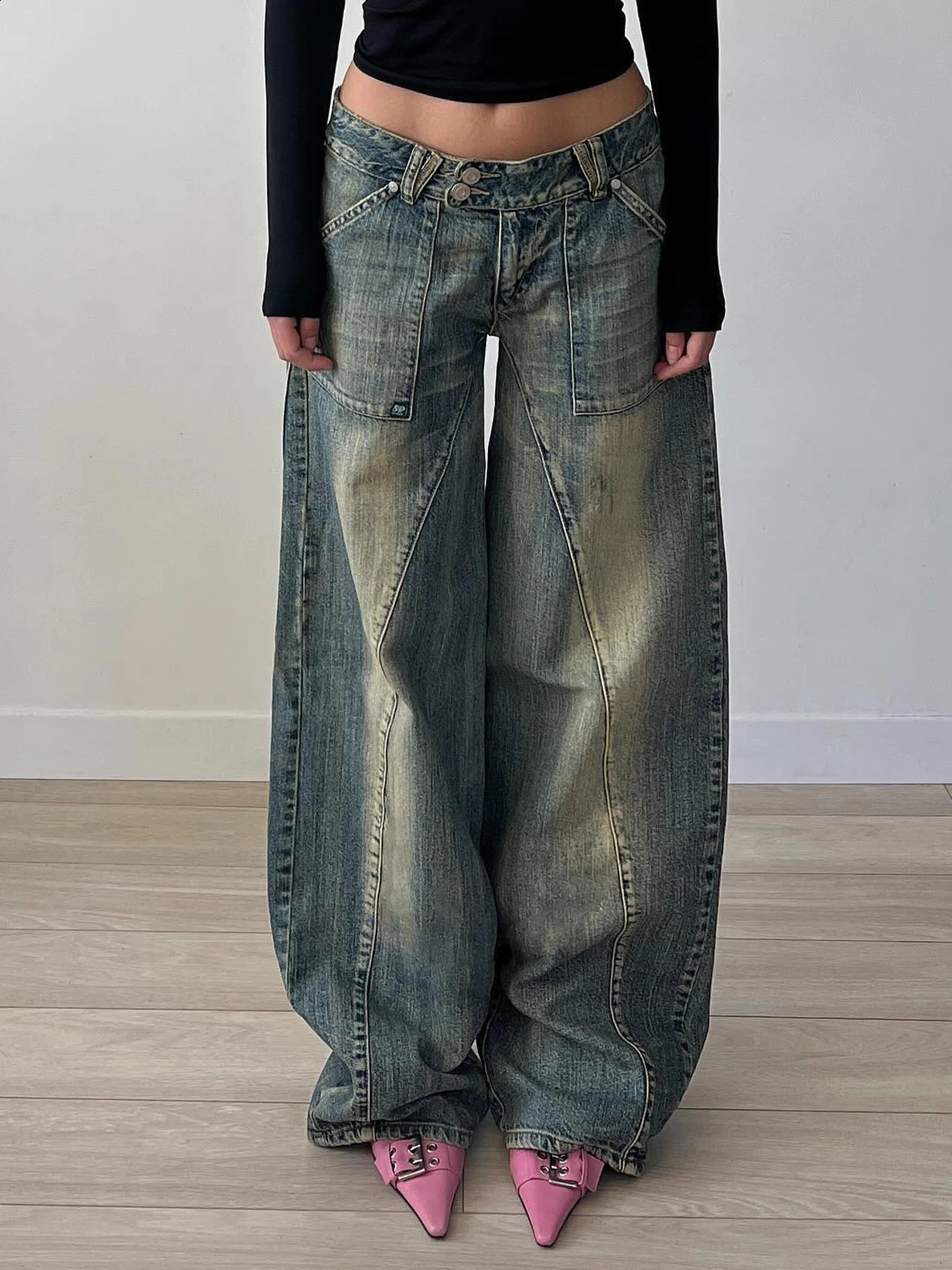 Weekeep retro street style oversized jeans Grunge 2000s low rise loose denim pants y2k fashion Korean mom women 240823
