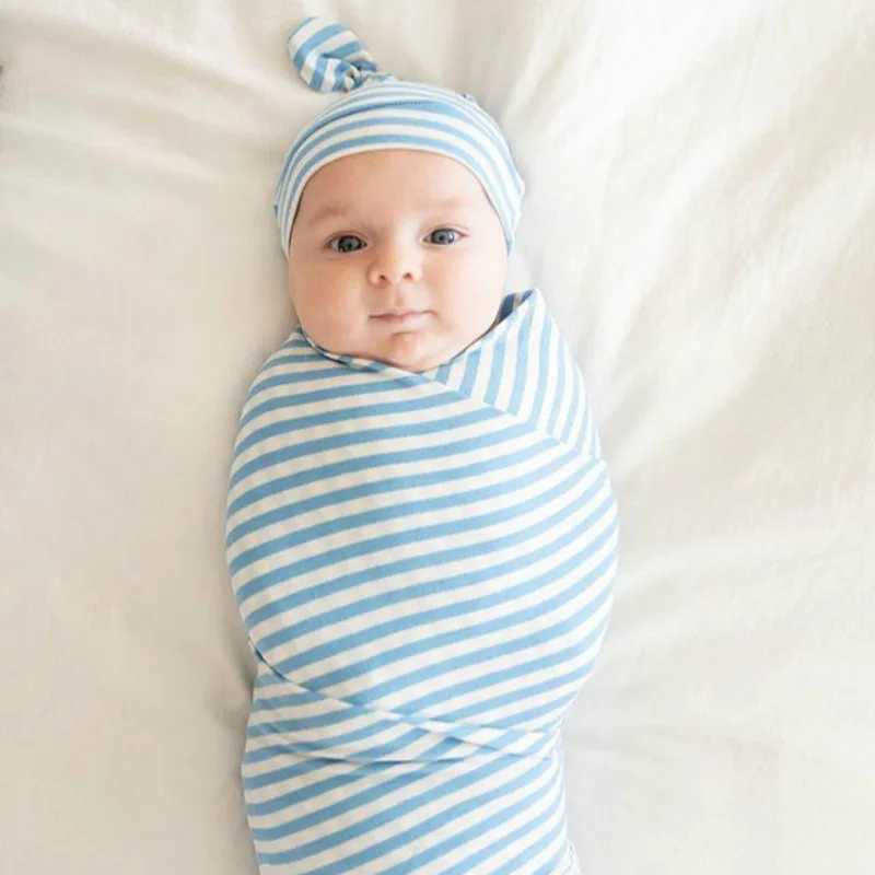 Newborn Baby Sleepsack Cotton Toddler Striped Printed Swaddle Blanket Wrap Hat Set Infant Adjustable New Born Sleeping Bag 2PCS M240824