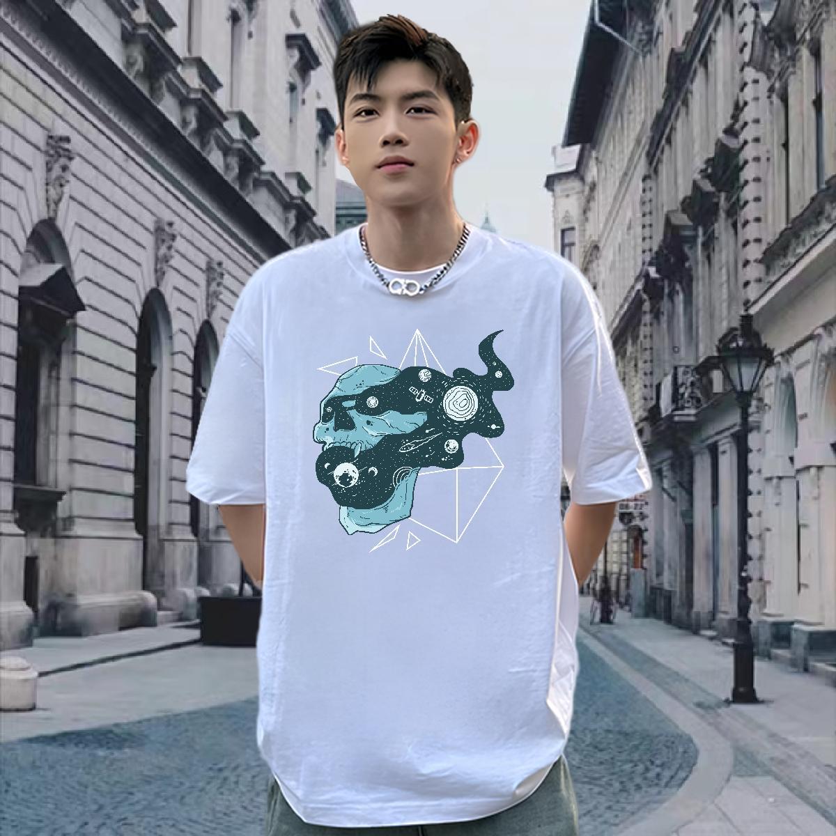 Wholesale Men T Shirts 230g Pure Cotton skull Street Casual Graphic Short Sleeve Soft Men Tshirts New Tops Shirt