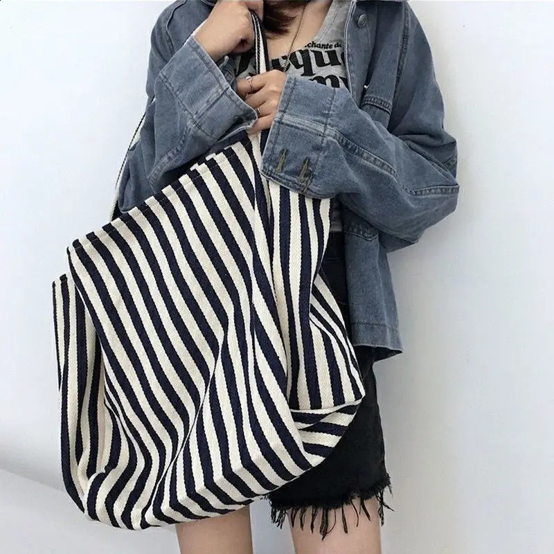 Large capacity canvas womens shopping bag simple striped shoulder casual multifunctional travel handbag 240823