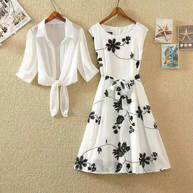 Set summer retro print small black skirt high waist sleeveless slim fashion A-line skirt two-piece dress 240823