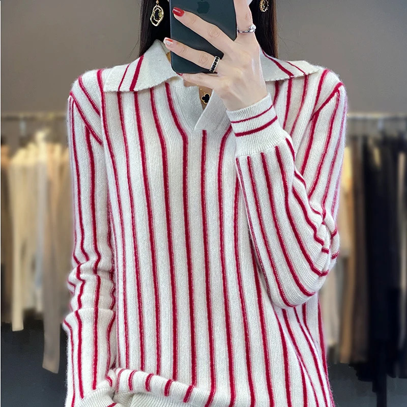100% Merino Wool Sweater Womens Pullover Autumn Winter Most Trend Womens Clothing Fashion Classic Striped Knit POLO Neck Top 240824