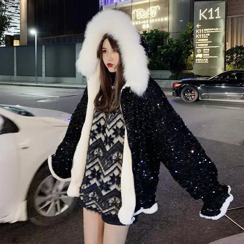Womens Parkas Fashion Korean Winter Thick Glitter Solid Zipper Loose Full Sweet Keep Warm Girl Small Fresh 240823