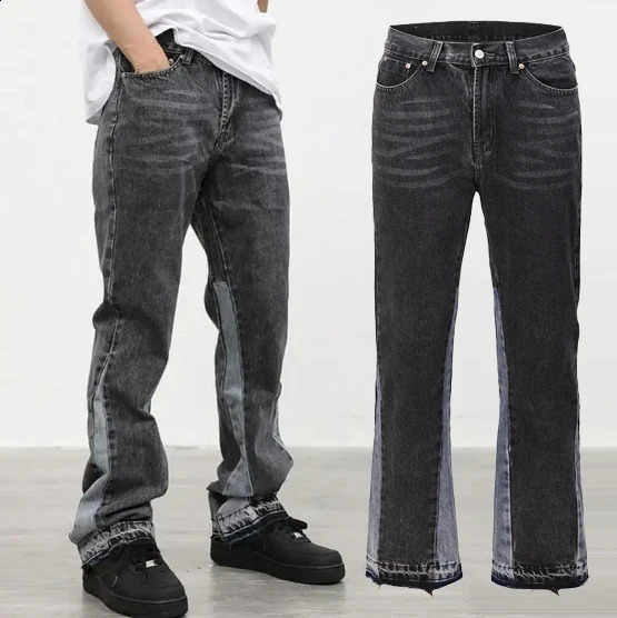 High quality mens jeans casual black and gray patch work retro washed jeans Trouser mens custom Flares denim jeans 240823