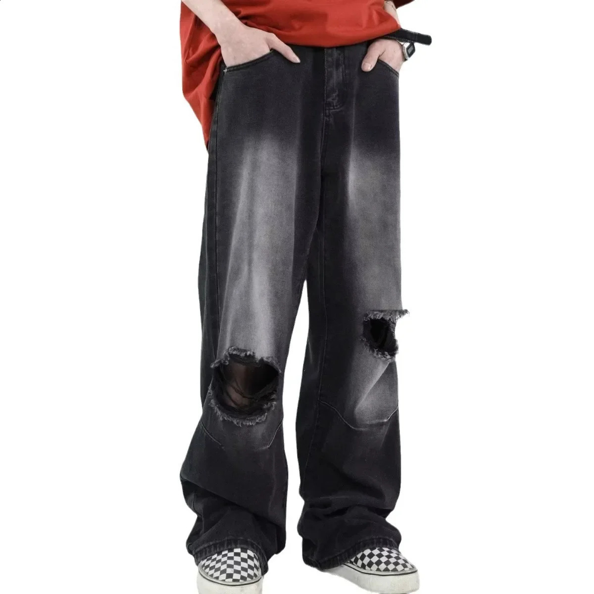American style retro straight leg jeans Distressed Washing casual loose mens street fashion jeans 240823