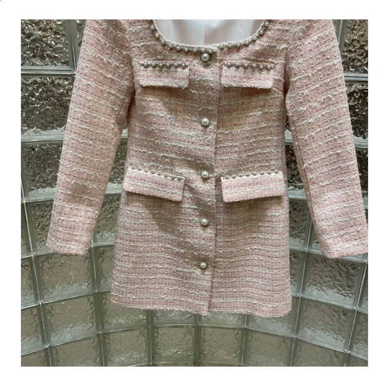 Long-sleeved Elegant Dress Party Women Spring Autumn Square Collar Nail Bead Tweed Sweet Korea High Quality Pink Mini Dresses 240824