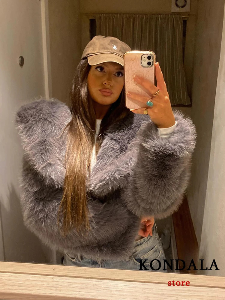 Kondala Retro Grey Faux Fur Jacket Womens Oneck Button Long Sleeve Fashion Elegant Thick Coat 240824